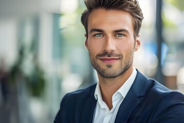 Fototapeta premium Confident Man in Suit, Portrait of Professional Success, Stylish Gentleman, Modern Business Attire, Attractive Male Model, Corporate Image, Clean-Shaven, Smiling Face, Positive Expression, Blue Eyes, 