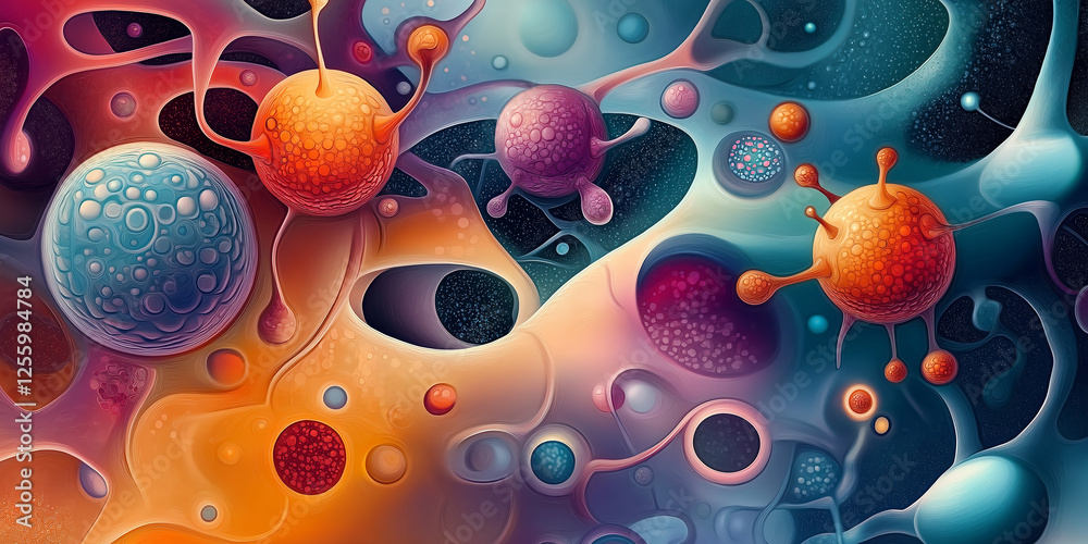 Poster Microscopic view of colorful cells and viruses floating in abstract biological environment