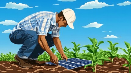 Sustainable Farmer Using Solar-Powered Smart Irrigation on Agricultural Field
