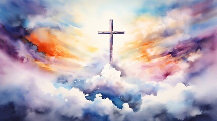 Colorful Cross Soaring Above Vibrant Watercolor Painting