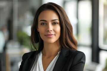 Fototapeta premium Confident Woman Portrait: Professional, Successful, and Ambitious Businesswoman Shows Strong Determination and Leadership in Modern Office Setting, Radiating Positivity and Self-Assurance.