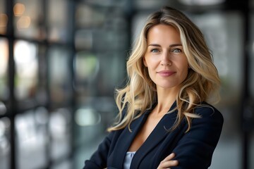 Fototapeta premium Confident Woman, Posing with Crossed Arms, Projects Strength and Success; Modern Businesswoman, Exuding Professionalism and Elegance in Stylish Attire, Portrait Photo.