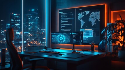 Futuristic programmer's workstation at night, overlooking a city skyline.