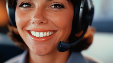 Smiling customer service representative wearing headset in office