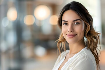 Obraz premium Woman's Portrait: A Stunning Close-up Revealing Confidence and Beauty, Showing Natural Makeup and Hairstyle, Expressing Inner Peace and Serenity, Radiating Joy and Positivity with a Soft Smile.