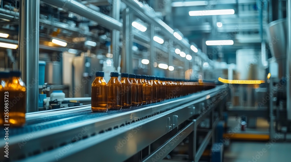 Poster a conveyor belt transports a steady stream of milk bottles through a well-lit production facility du