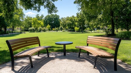 Scenic park view featuring two wooden benches facing each other under a clear blue sky