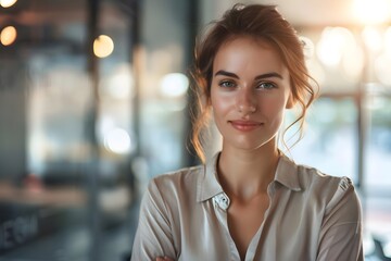 Obraz premium Confident Woman Posing in Modern Office Setting, Projecting Success and Professionalism with a Serene and Empowered Attitude, Displaying Strength and Elegance in Business Attire.