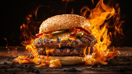 Grilling Beef Burger Patty Over BBQ Flames