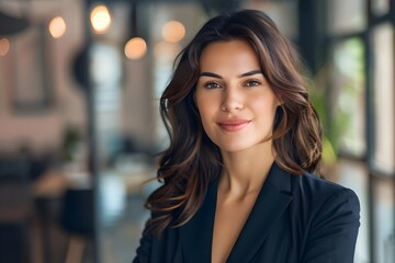 Confident Woman in Business Attire Poses with a Calm and Serene Smile, Projecting Professionalism and Success in Her Career.  A Portrait of Modern Female Leadership and Ambition.