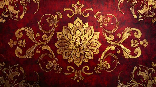 Luxurious textile design, ornate gold patterns on rich red fabric, perfect for elegant decor or fashion themes.