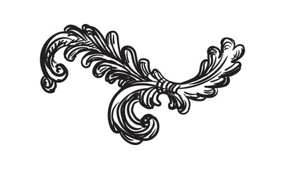 Baroque vintage element with arabesque and flourish motif. Sketch of ornate design element. Hand drawing vintage baroque style. Vector isolated engraving illustration. For decoration, print and design