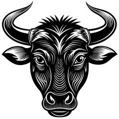 Bold Black and White Stylized Bull Head Illustration with Powerful Expression