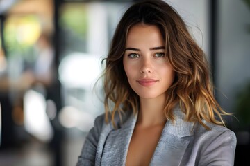 Naklejka premium Attractive Woman with Green Eyes Confidently Poses in Grey Blazer, Smiling Serenely: A Portrait of Modern Feminine Style and Elegance. Professional Image, Business Attire, Corporate Success