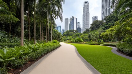 Obraz premium Serene urban park pathway surrounded by lush greenery and skyscrapers under a cloudy sky
