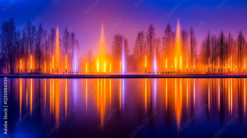 Wall mural vibrant night scene of illuminated fountains reflecting in still water, surrounded by trees and fog