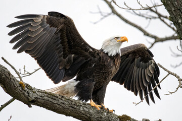 A regal bald eagle perched on a tree branch, wings slightly spread as if ready to take flight, isolated on a white background, with sharp, piercing eyes looking directly at the viewer