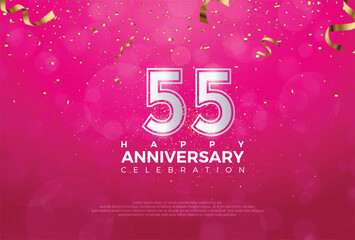 55th Anniversary celebration, 55 Anniversary celebration, Realistic 3d sign, stars, Pink background, festive illustration, Silver number 55 sparkling confetti, 55,56