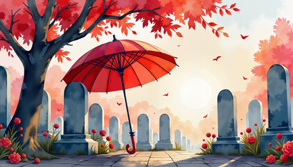 Fototapeta premium Vibrant red umbrella beside gravestones in autumn, honoring memories, qingming, watercolor style