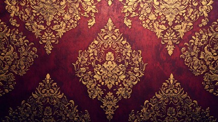 Elegant wallpaper design, luxurious red and gold patterns, ideal for interior decor, adds sophistication to any space.