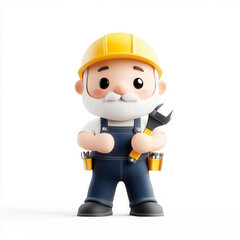 Cute cartoon construction worker with tools, 3D illustration.