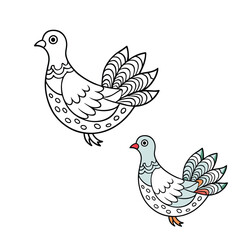 Zentangle dove coloring page featuring intricate patterns and elegant details. Perfect for relaxation and creativity, highlighting the dove's peaceful, graceful form.