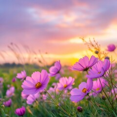 Fototapeta premium Serene Pink Cosmos Flowers Under Soft Sunrise Sky at Dusk