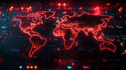 Global network security alert, red glowing map, server room background