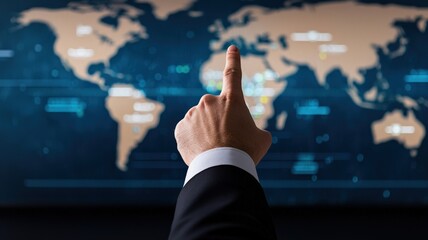 Leadership development confidence leadership style concept. Hand pointing at a digital world map with data overlays.