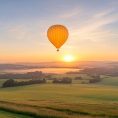 Obraz premium Hot Air Balloon Gliding Over Scenic Sunrise Landscape at Dawn
