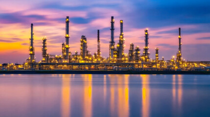 petrochemical plant in night time with reflection over the river