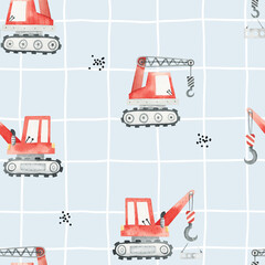 Watercolor seamless cute pattern with cartoon construction vehicles on checkered background. Crane. Excavator. Creative kids texture for fabric, wrapping, textile, wallpaper.