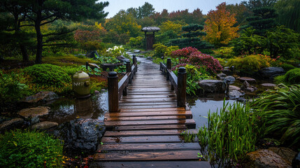 Fototapeta premium Serene Japanese Garden Pathway Surrounded by Lush Foliage and Autumn Colors