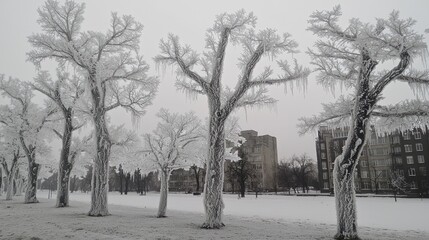 Frosty trees, winter campus, buildings background, nature scene