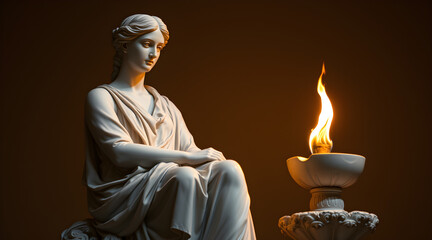 A serene statue of Vesta, the Roman goddess of the hearth, home, and family, depicted with a sacred flame. Symbolizing warmth and devotion, she embodies the eternal fire of protection.