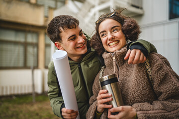 portrait of hugged couple boyfriend and girlfriend enjoy outdoor