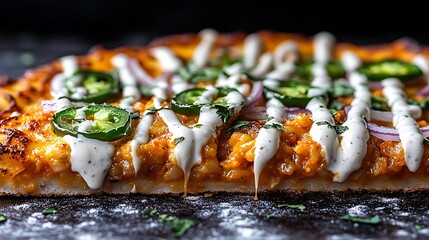 A slice of pizza with spicy, red onions, and a drizzle of ranch dressing, shown on a transparent background