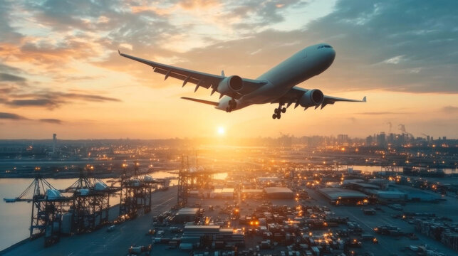 Cargo Plane Flying Over Industrial Area at Sunset.