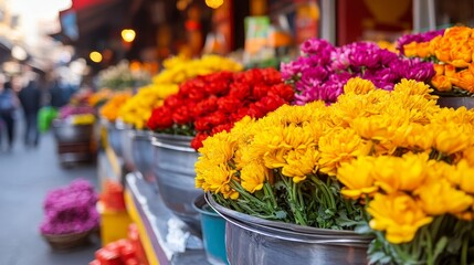 Vibrant flower market scene showcasing colorful blooms in various shades, bustling with activity