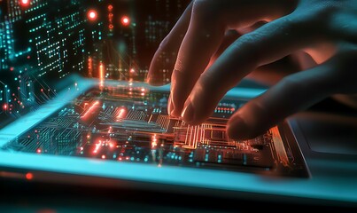 Portrait hand of software engineer working on laptop with circuit board