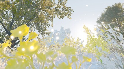 A snow-covered landscape with a castle in the distance and yellow flowers in the foreground