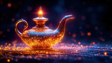 Naklejka premium Glowing genie lamp, magic, dark background, wishes, fantasy