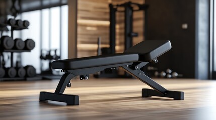 Obraz premium A black adjustable weight bench sits in a modern gym. Dumbbells are in the background, suggesting a workout environment. The bench is clean and well-maintained