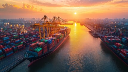 Fototapeta premium Sunset Over Container Port with Ships and Colorful Cargo Boxes