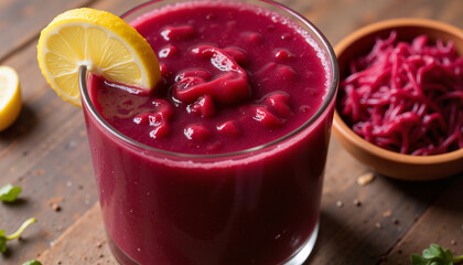 Vibrant beetroot juice with lemon slice on wooden table, healthy refreshment