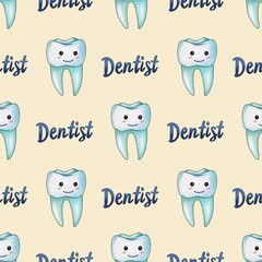 Seamless Pattern Mint Kawaii Tooth and Text Dentist Small Design on Pastel Yellow Background