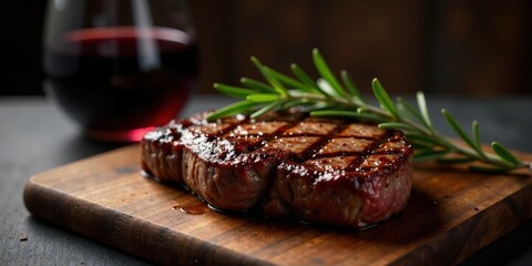 A succulent grilled steak, seasoned with rosemary, rests on a rustic wooden board, complemented by a glass of rich red wine, a culinary scene of refined simplicity and deliciousness.
