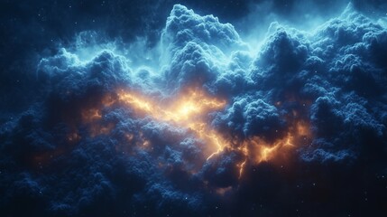 Futuristic landscape with bright electric blue clouds and vibrant lighting effects for modern design