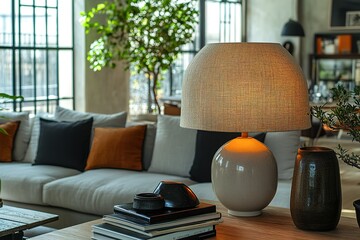 Cozy living space: A lamp illuminates a book-stacked table beside a comfortable sofa with decorative pillows creating a relaxing atmosphere