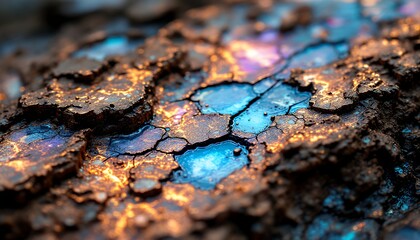 Cracked Earth Texture with Striking Blue and Gold Highlights Close-up
